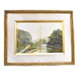 G H HIDE; watercolour on paper, a river in Dovedale, with man fishing on path,