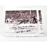 SIR GEOFF HURST; a reproduced black and white photograph bearing the football star's signature,