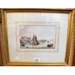 SAMUEL OWEN (1769-1857); watercolour, barques, sailing ships and fishing boats in harbour,