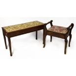 A mahogany piano duet stool with tapestry-style upholstered lift-up seat,