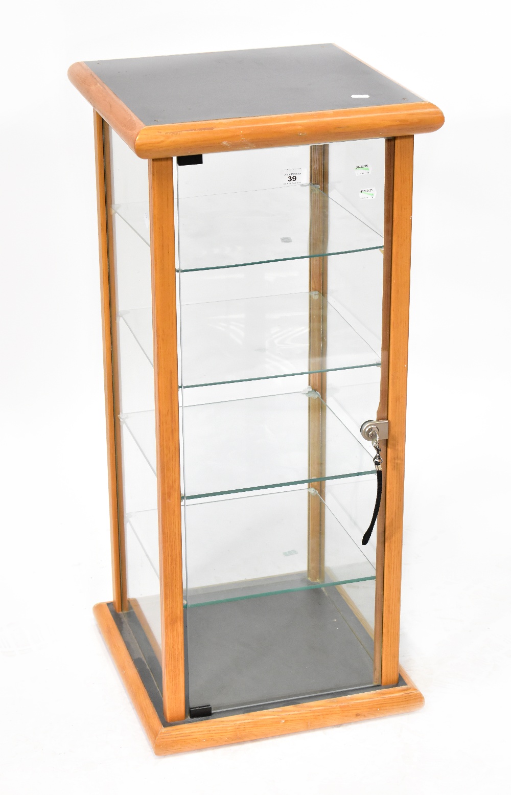 A modern tabletop display case with four internal glass shelves, 99 x 44 x 44cm.