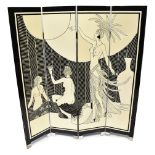 An Art Deco style black lacquered and cream decorated four-panel three-fold screen depicting a