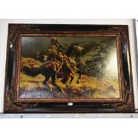 A 20th century oil on canvas, depicting Native American on horseback, the grey horse galloping,