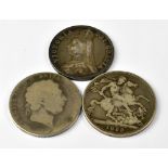 Three 19th century silver coins comprising a George III 1819 crown,