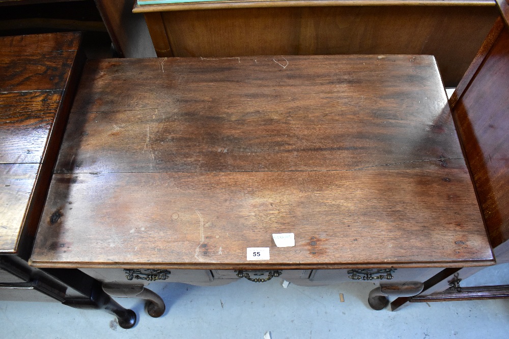 A 19th century oak lowboy, the moulded top above three frieze drawers and shaped apron, - Image 3 of 8