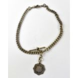 A silver watch chain with octagonal with shield cartouche, T-bar and lobster clasp, approx 2.2ozt.