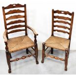 A harlequin set of eight rush-seated ladder-back dining chairs (6+2) (8).