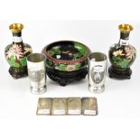 A group of Oriental metalware, two non-matching cloisonné vases,