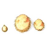 Three graduated 9ct gold mounted carved shell cameos,