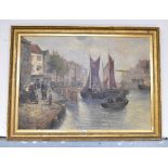 MONTI (Dutch, late 19th century); oil on canvas, Dutch port scene with fishing boats in the harbour,