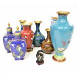 A group of nine cloisonné items comprising a large gourd-shaped vase of green ground,