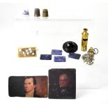 A collectors' lot comprising portrait miniatures, brooches to include a jet example, jadeite panels,