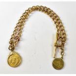 A 9ct yellow gold watch chain with T-bar and lobster clasp, a Victorian half sovereign 1898 fob,