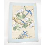 An early 20th century Chinese silk painting depicting blue exotic birds with gold fronts,