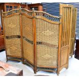 A contemporary bamboo and wicker three-leaf two-fold screen and a further pine example,