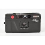 LEICA; a mini 35mm point and shoot film camera with fixed Elmar 35mm F3.5 lens and case.