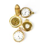 Four gold plated pocket watches comprising a David Search skeleton open face pocket watch,