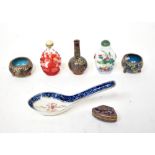 Various Chinese items to include a miniature cloisonné vase with blue dragon and green flowers on a
