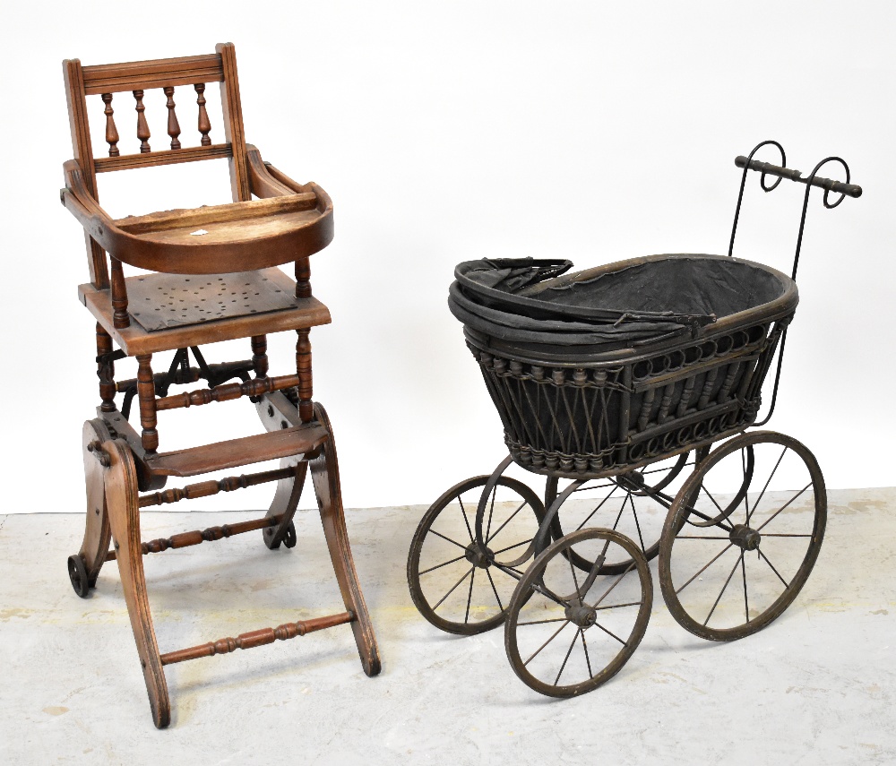 An early 20th century metamorphic high chair, converts into a small rocking chair,