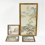 Four contemporary woven panels depicting various landscapes, some with scripture and seal marks,