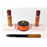 A small collection of Art Deco style items, a pair of candlesticks,