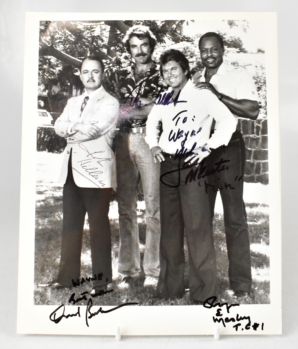 MAGNUM PI; a black and white photograph bearing signatures of the four stars including Tom Selleck, - Image 2 of 2