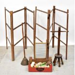 A group of kitchenalia to include two vintage clothes drying racks, a large copper plunger,