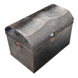 A large dome-topped tin travel chest, approx 53 x 75 x 45cm, an oval tin hat case, 30 x 39 x 30cm,