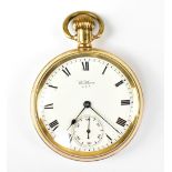 WALTHAM; a gold plated open face pocket watch,