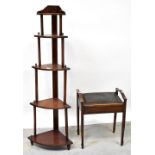 An Edwardian mahogany piano stool and an early 20th century five-tier whatnot, height 155cm (2).