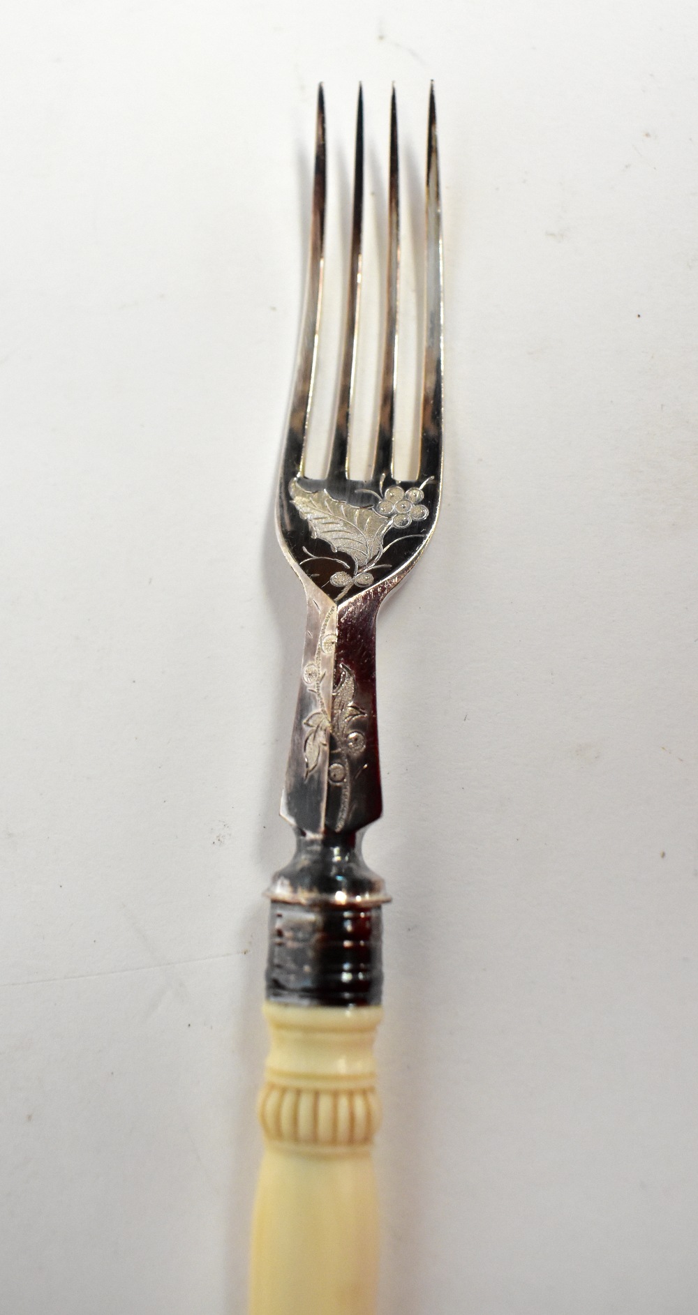 A cased set of twelve silver plated cake knives and forks with bone handles, initialled 'A', - Image 4 of 4