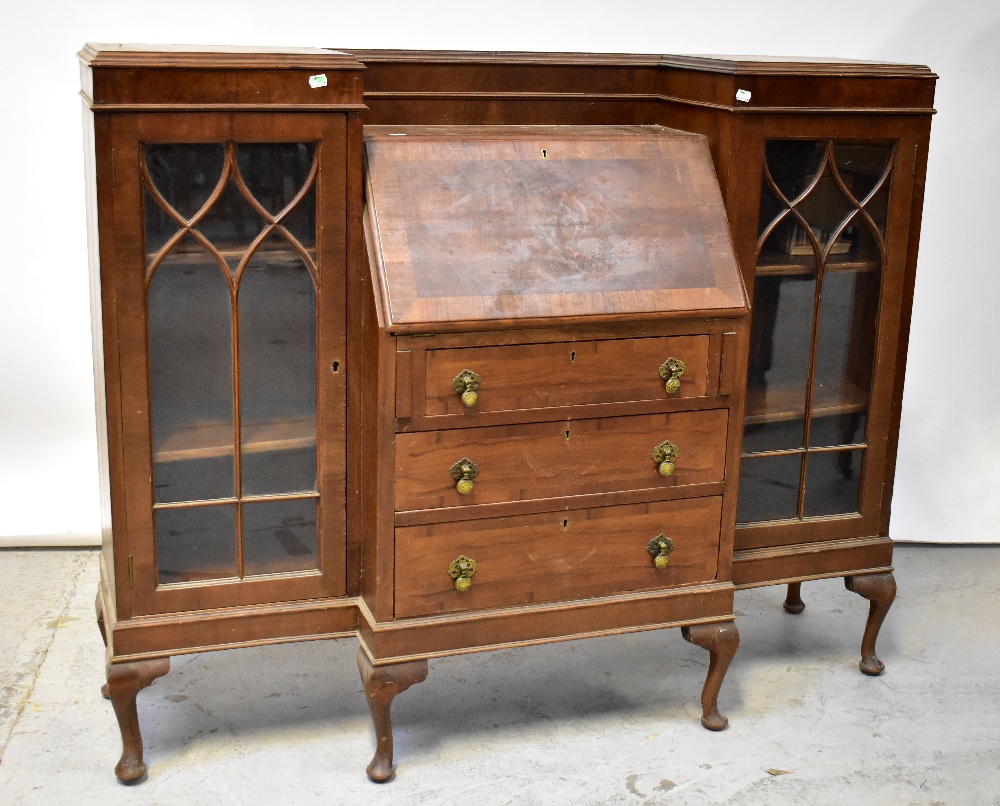 A reproduction walnut and burr walnut bureau display cabinet,