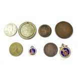 Various tokens, world coins and enamelled coins to include a George III 1806 half penny,