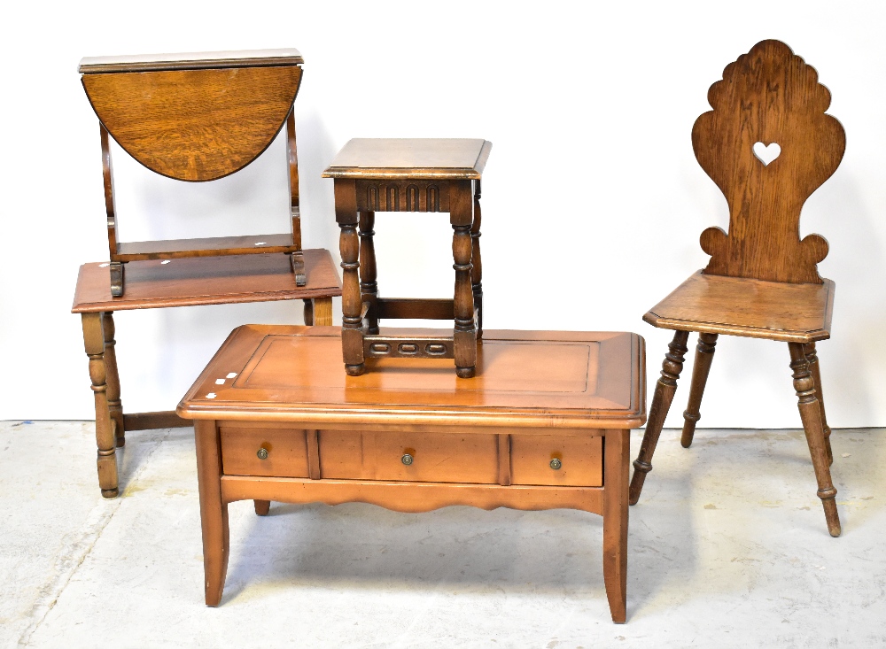 Five various occasional tables comprising a reproduction joint stool, a drop-leaf table,