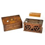 Three early 20th century boxes to include an olive wood letter box inscribed to the top 'Jerusalem'