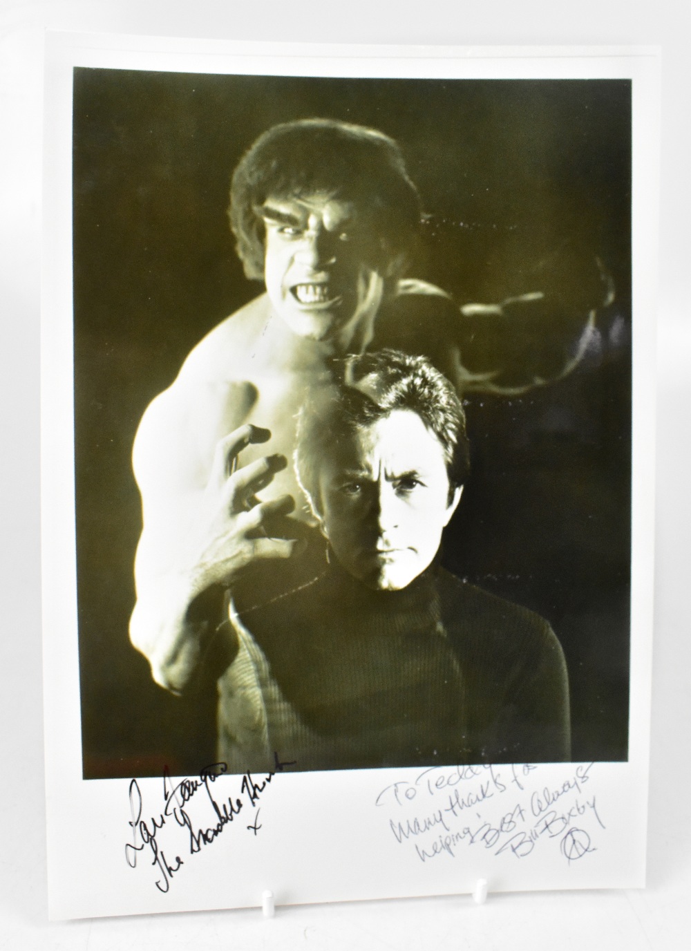 THE HULK; a black and white photograph bearing twin signatures of Lou Ferrigno and Bill Bixby.