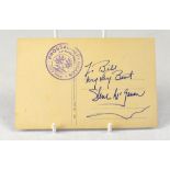 STEVE MCQUEEN; a postcard inscribed 'To Bill, My very best' and bearing the star's signature.