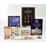 A quantity of coins and banknotes to include a framed pre-decimalisation coins of the British Isles