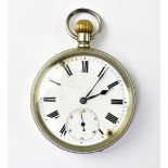 CYMA; a base metal open face pocket watch, seven jewel Swiss lever movement,