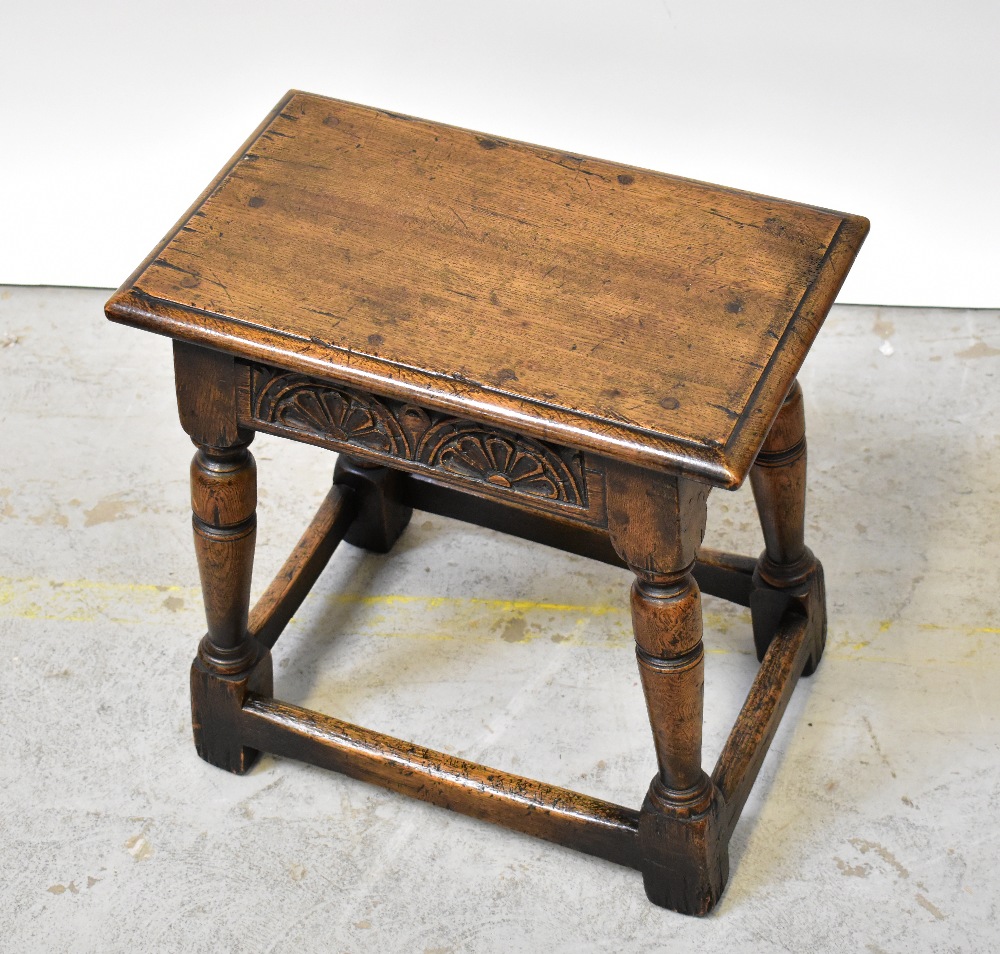 An oak joint stool with carved foliate panels to the apron, - Image 3 of 3