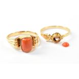 Two 9ct yellow gold rings set with central pink coral, Polish hallmark .