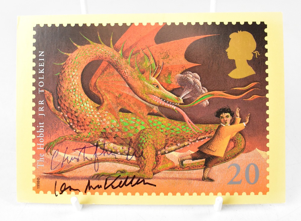 SIR IAN MCKELLAN AND CHRISTOPHER LEE; a signed JRR Tolkien 'Hobbit' commemorative postcard, - Image 2 of 2