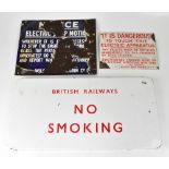 A vintage metal British Rail 'No Smoking' wall sign, 61 x 31cm, a further British Rail warning sign,