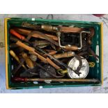A collection of vintage tools to include Stanley drill and bit, various screwdrivers, wooden planes,