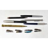 A quantity of vintage pens to include Conway Stewart, also pen nibs, a miniature folding knife, etc.