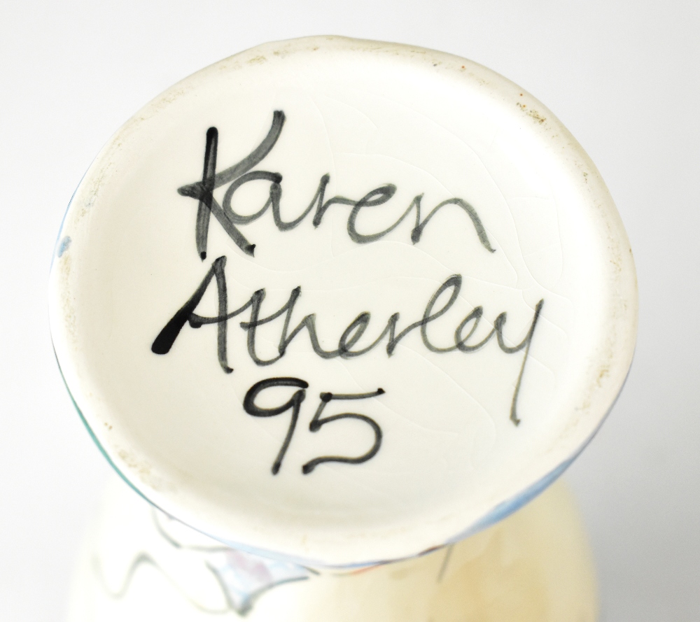 KAREN ATHERLEY; a hand painted baluster vase with narrow base and flared neck, - Image 5 of 5