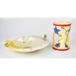 A Czechoslovakian Art Deco style yellow ground vase with vibrant blue and red floral decoration,