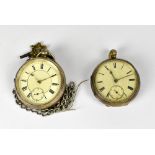 Two silver cased pocket watches, both with white dials set with Roman numerals and subsidiary dial,