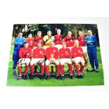 ENGLAND WORLD CUP WINNERS 1966; a large reproduction coloured photograph bearing several signatures,