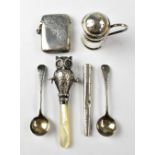 Various small silver items to include a hallmarked silver portable pepperette,